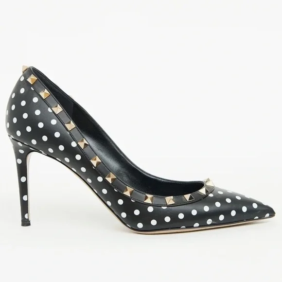 Valentino Rockstud Studded Polkadot Pointed Toe Black Leather Pump Heels - Picture 3 of 5